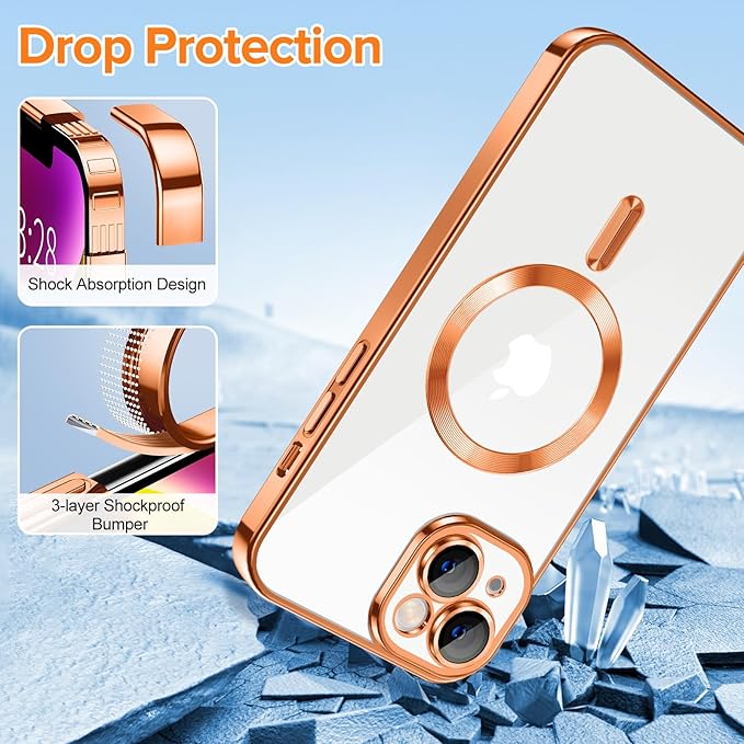 Hython Magnetic Clear for iPhone 14 Case with Camera Lens Protector [Compatible with MagSafe] Luxury Plating Edge Slim Soft TPU Cover Protective Phone Case for iPhone 14 6.1", Orange