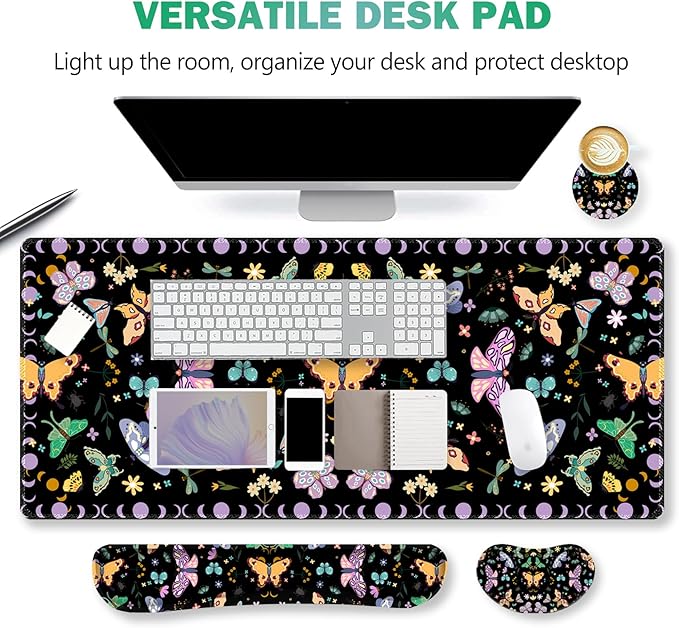 ARTSO Desk Mat Set, Black Butterfly Extended Gaming Mouse Pad with Wrist Rest Support +Keyboard Wrist Rest +Coaster, Large Cute Mousepad, Easy Typing and Pain Relief