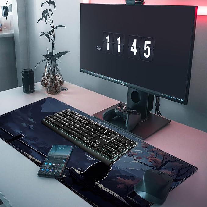 Moon Cat Large Gaming Mouse Pad,Black XL Mouse Pad Gaming 31.5 x 11.8 in Mouse Mat Desk Pad,Large Desk Mat,Extended Keyboard Pad Mousepad with Non-Slip Base and Stitched Edge for Office Home Gaming