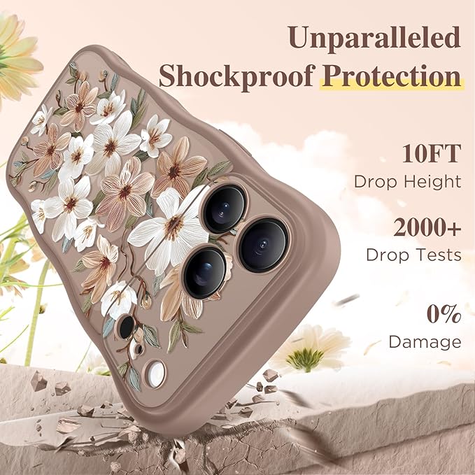 GVIEWIN for iPhone 17 Pro Case Compatible with MagSafe [Curly Wave Edge][Full Camera Protection] Floral Translucent Shockproof Magnetic Women Phone Case for iPhone 17 Pro 6.3'', Dogwood/Brown