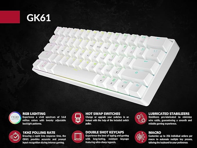 GK61 Mechanical Gaming Keyboard - 61 Keys Multi Color RGB Illuminated LED Backlit Wired Programmable for PC/Mac Gamer (Gateron Optical Brown, White)