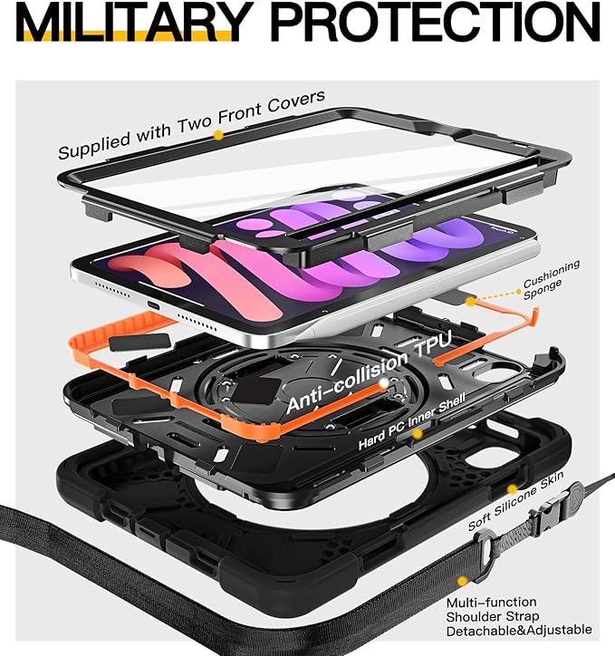 BRAECN for iPad mini 7(A17 Pro)/ 6 case 2024/2021 8.3 inch Heavy Duty Shockproof Protective with Pencil Holder Screen Protector 360°Rotating Stand Handle Full Body Cover Shoulder Strap Kids Friendly