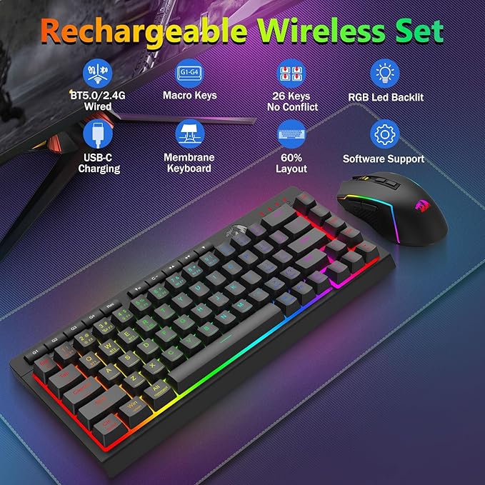 Redragon Wireless Gaming Keyboard and Mouse Combo, Bluetooth/2.4G/USB-C Wired, RGB Backlit, 60% Portable Quiet Rechargeable Macro Membrane Keyboard & 12800 DPI Mouse with Software for Win/MAC