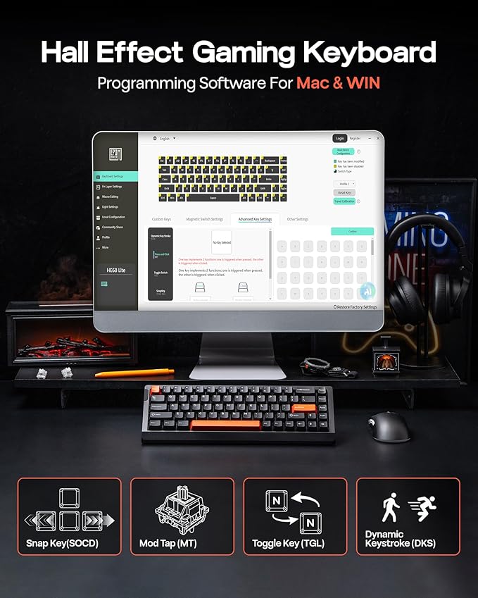 EPOMAKER HE68 Lite Hall Effect Gaming Keyboard, 8k Polling & 128K Scan Rate, 0.005mm Adjustable Trigger, 0.125ms Latency, 5-Layer Sound-Dampened, Snap Key, SOCD, A-RGB, Wired, Mac Software (Black Red)