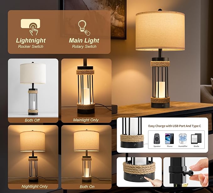 OYEARS 25" Table Lamps Set of 2 with Night Light, Rustic Bedside Lamps with USB C+A Charging Ports, Black Metal Lamp with Rope Accent and Frosted Glass, Farmhouse Lamps for Living Room Bedroom
