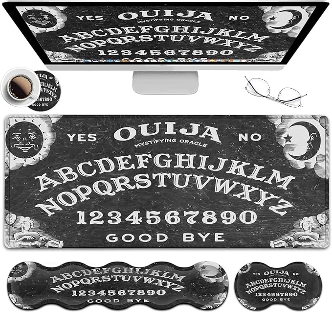 Gaming Mouse Pad XXL Large Desk Mat Ouija Board Witch Extended Mousepad Non-Slip Rubber Mice Pads Stitched Edges(31.5x11.8 In)Ergonomic Premium Memory Foam Keyboard Wrist Rest and Black Mouse Pad Set