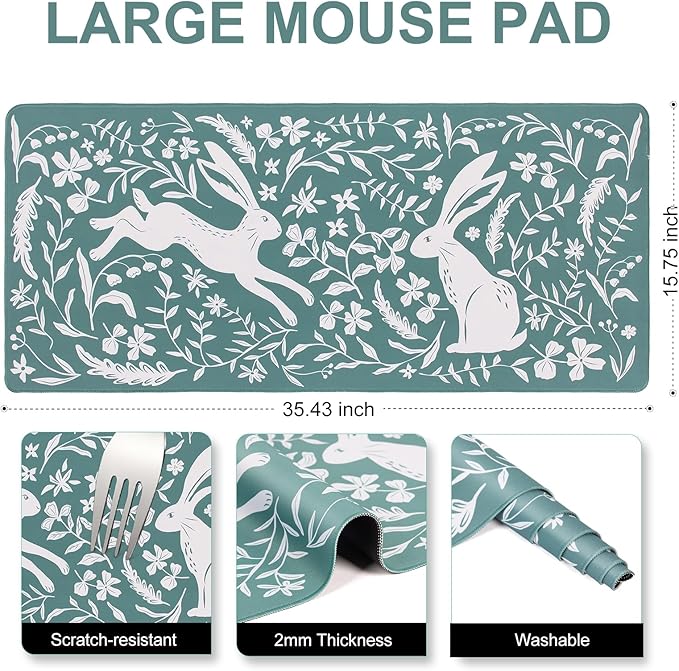 L-SPOUTTO Green Floral Desk Mat for Keyboard and Mouse,Boho XXL Gaming Mouse Pad,Large 35.4x15.7in Non-Slip Rubber Base Keyboard Pad Waterproof Desktop Mat for Laptop Computer Work Home Office-Rabbits