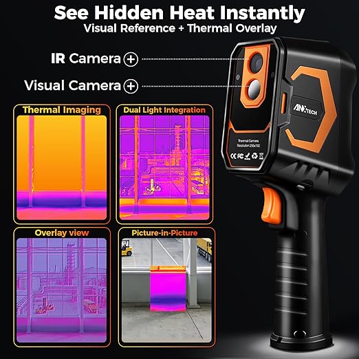 Handheld Dual Lens Thermal Imaging Camera with 2MP Visual Camera, 512×384 Super Resolution, -4°F~1022°F, PC 2D/3D Image Analysis for Hidden Water Leak Detection & Moisture Inspection