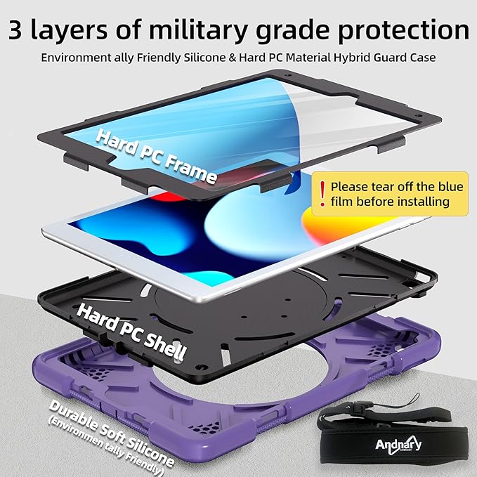Andnary Case for iPad 9th/8th/7th Generation 10.2 inch, Shockproof Cover with Screen Protector/360° Rotate Stand/Pencil Holder/Shoulder Strap, Kids Case for iPad 2021/2020/2019 (Deep Purple+Black)