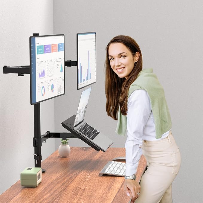 WALI Triple Arm Laptop and Dual Monitor Desk Mount for 17" Notebook and Up to 27" Screens, Extra Tall Adjustable Monitor Stand with Laptop Tray, VESA 75x75 100x100, Black (M002XLLP)