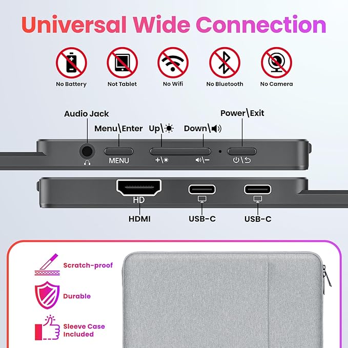 Upperizon Portable Monitor 15.6 inch FHD 90% sRGB 60Hz HDR HDMI USB-C Travel Monitor for Laptop MacBook PC Surface PS5 Xbox, External Display with Kickstand & Speakers, VESA Compatible