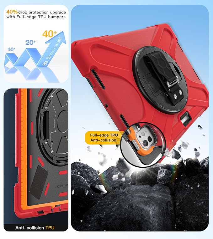 BRAECN Case for iPad Pro 11 inch M5 2025 & M4 2024, 4 Layers Heavy Duty Full-Body Protection Screen Protector Pencil Holder, 360° Rotating Handle Kickstand, Shoulder Strap Kids Friendly