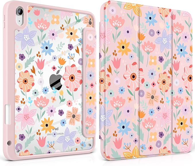 Case for iPad Air 11 inch M4 2026 M3 2025 M2 2024 Release with Pencil Holder Cute Patterns Trifold Cover with Clear Back Shell Magnetic Wake Sleep Design for Girls Women,Pink Flowers