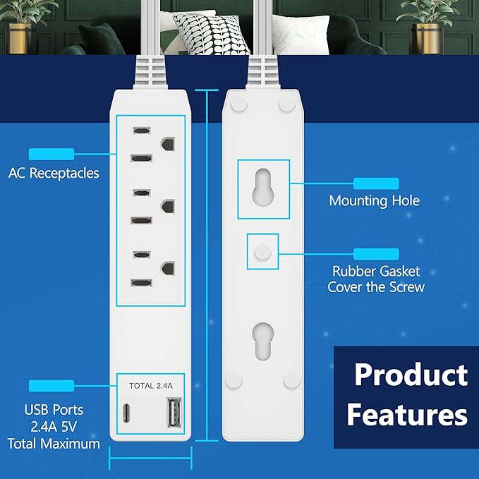 LIDER Outlet Extender with 3 Receptacles, 12W USB Type-A, and USB Type-C, Ultra-Thin Wall Plate Plug with Cord Extender, 3-Outlet Power Strip, Flat-Face, Slim Design, ETL-Listed, 3ft Cord, Gold