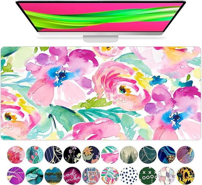 French KOKO Large Mouse Pad Desk Mat Desk Pad Keyboard School Essentials Office Decor Big Extended Laptop Protector Computer Accessories Pretty Mousepad Women Girls Pink Flowers XL Gift