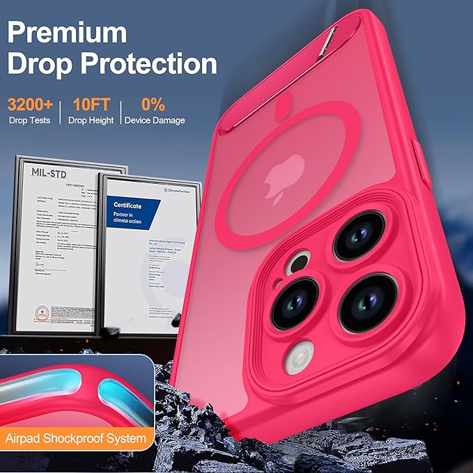 Magnetic Compatible with iPhone 13 Pro Case, [Built-in Kickstand][Full Camera Protection][Compatible with MagSafe][Anti-Fingerprint] Shockproof Phone Case for iPhone 13 Pro 6.1",Hot Pink