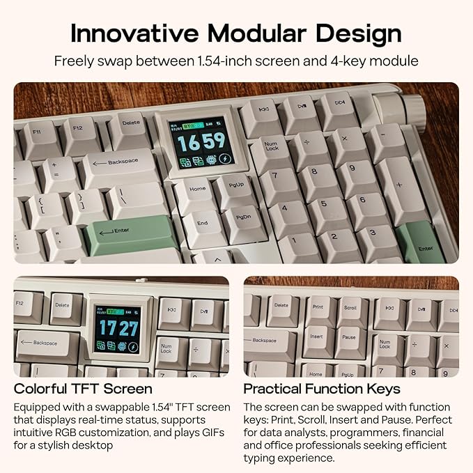 EPOMAKER RT100 PRO Wireless Gaming Keyboard with 1.54" Screen&Knob, RGB, 2.4Ghz/BT/USB-C, Hot Swap, 5000mAh, PBT Keycap, Custom Driver, Retro Mechanical Keyboard for Win/Mac (White, Sea Salt Silent)
