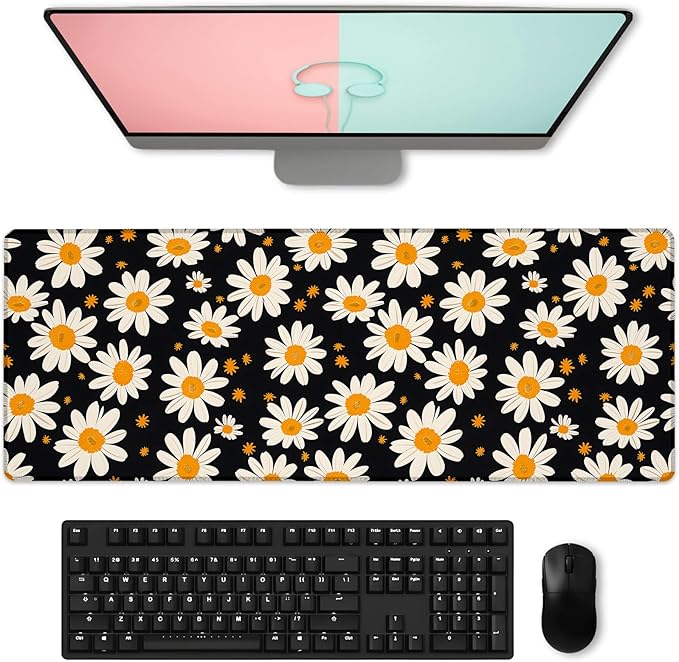 Charming Daisy Gaming Mouse Pad, Large White Floral Desk Mat for Laptop Keyboard Computer, Non-Slip Rubber Base Desktop Extended Mousepad for Office Home Accessories 31.5"×11.8"