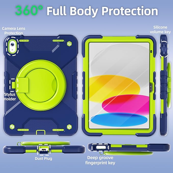 Andnary Case for iPad (A16) 11th Generation 11 inch 2025/10th Generation 10.9 inch 2022, Shockproof Cover with Screen Protector/360° Rotate Handle/Bracket/Pen Holder/Shoulder Strap (Navy+Green) | (A16), 2025, 2022, Heavy Duty, Shockproof Cover