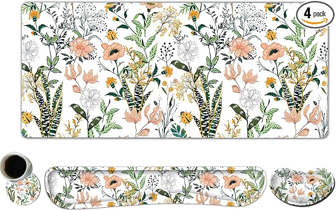 DINKY Keyboard Mouse Pad Set, Large Gaming Mousepad + Memory Foam Ergonomic Keyboard Wrist Rest Support, Easy Typing Pain Relief, 4Pcs (35.4" x 15.7") Extended Desk Mat -Beautiful Floral