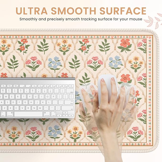 iCasso Floral Desk Pad Mat, Large Mouse Pad, Desk Matt for Desktop, Anti-Slip XXL Big Mousepad with Stitched Edges for Computer Keyboard (Beige Moroccan)