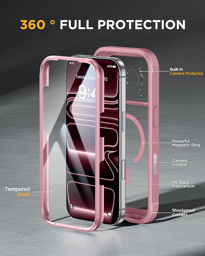 Miracase for iPhone 17 Pro Max Case 6.9" Full-Body Phone Case with Built-in Glass Screen Protector& Full Camera Protector,[Magnetic with MagSafe] Drop Proof 17 ProMax Cover, Light Pink