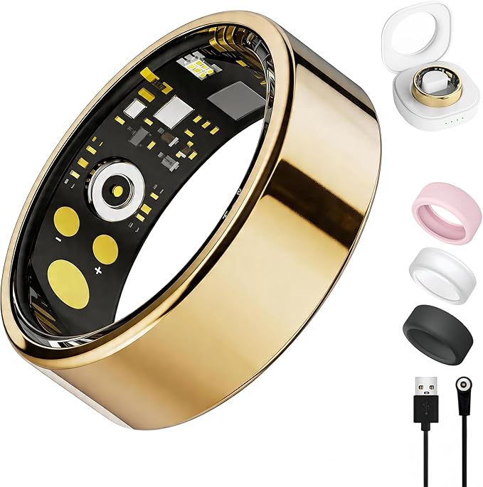 Smart Ring for Women Men, Health Tracker with Heart Rate/Blood Oxygen/Blood Pressure/Sleep Monitoring/Step Counting, IP68 Waterproof Fitness Ring, No App Fees for iPhone & Android (Gold, 11#)