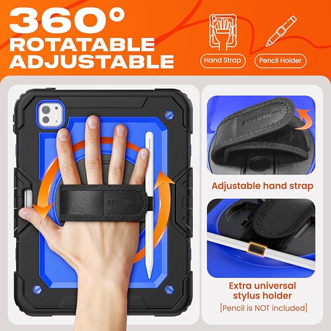 SEYMAC stock Case for iPad Pro 11-inch M5-M4 2025-2024, Shockproof Heavy Duty Case with Screen Protector, Pencil Holder, Rotating Stand, Hand Strap, Shoulder Strap, Blue