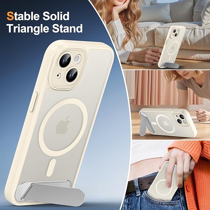 Magnetic Compatible with iPhone 15 Case, [Built-in Invisible Kickstand][Compatible with MagSafe][Full Camera Protection] Translucent Matte Phone Case for iPhone 15 6.1" Beige