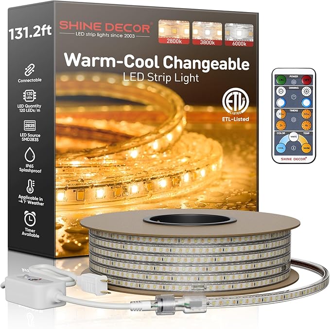 Shine Decor LED Strip Light Connectable, CCT 2800-6000K Warm-Cool Changing Tone for Room, 131FT 120V Plug-in Outdoor Rope Lighting Cold Resistant Waterproof ETL Listed, Remote Timer Available