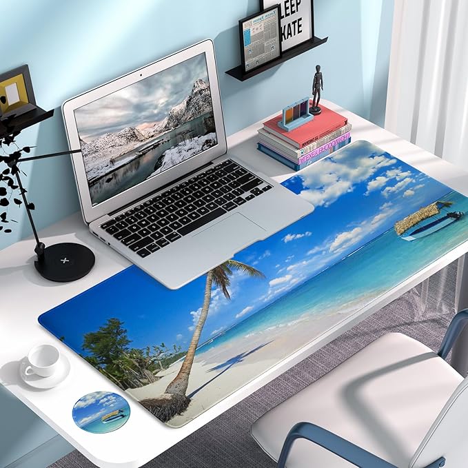 Large Gaming Mouse Pad with Coaster, Desk Matt for Desktop, Desk Pad, Mouse Pads Mat, Stitched Edges Big Extended Mousepad for Computer Keyboard Laptop Office Decor, 31.5'' x15.6''-Sunshine Sea