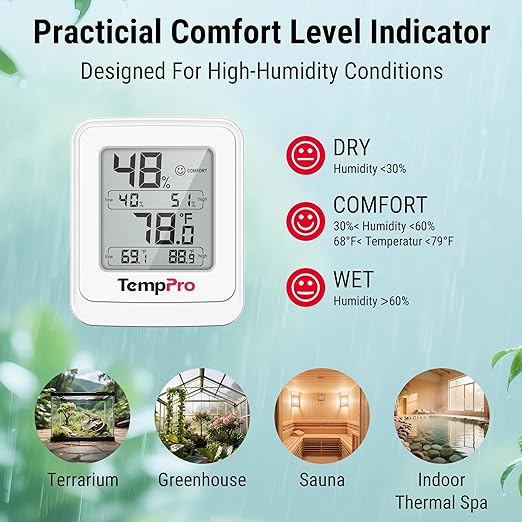 TempPro TP150 Greenhouse Thermometer Hygrometer, IPX5 High-Humidity Resistant Temperature and Humidity Monitor, High/Low Records Humidity Meter for Indoor Grow Tents, Reptile(Previously ThermoPro)