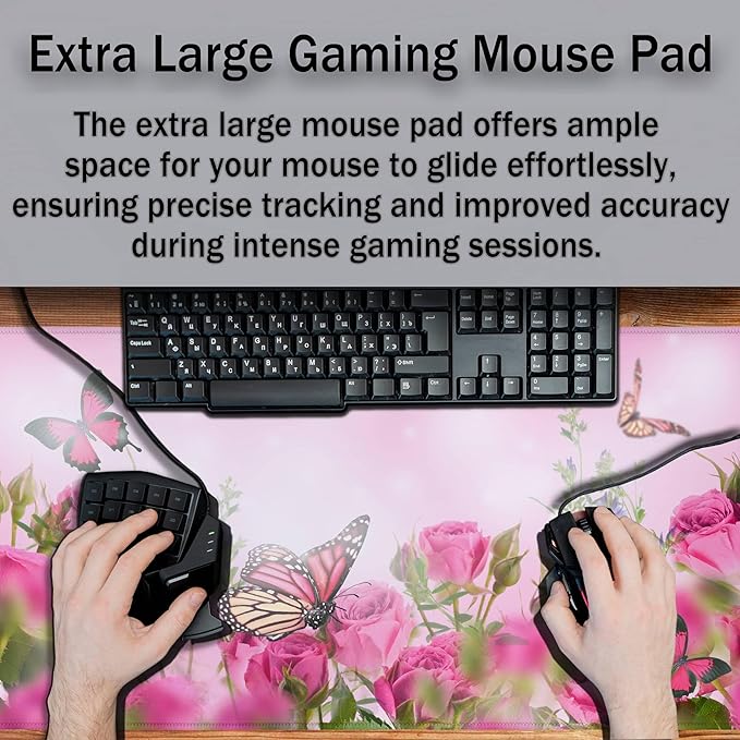 Computer Desk Mat Pink, Large Gaming Mouse Pads Desk Pad for Women Big Mouse Pad, Chic Office Desk Accessories Non-Slip Rubber Base, 35.4 X 15.7 inch for Work/Game/Office/Home Roses Butterfly
