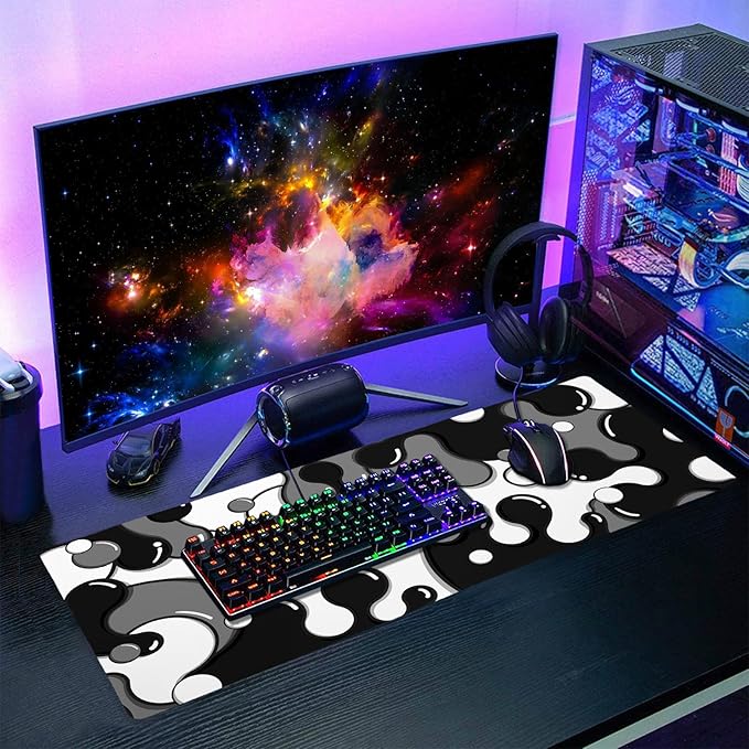 Black White Grey Mouse Pad XL Anime Cool Geometric Japanese Extended Desk Mat 80X30cm Non-Slip Rubber Base Stitched Edge Large Mousepad for Desk Gaming Laptop Desktop,31.5×11.8 Inch