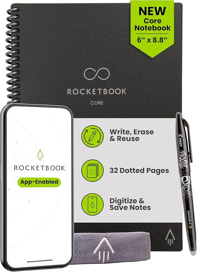 Rocketbook Core Reusable Smart Notebook, Dot Grid Pages For School, Work and Creative Projects, Executive Size 6x8.8, Black - Premium