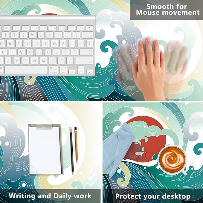 Ocean Wave and Sun Desk Mat,Traditional Japanese Wave Extended Gaming Mouse Pad,Large Non-Slip Rubber Base Mousepad with Stitched Edges,Waterproof Mouse Mat Desk Pad for Office Game Home 35.4x15.75 in