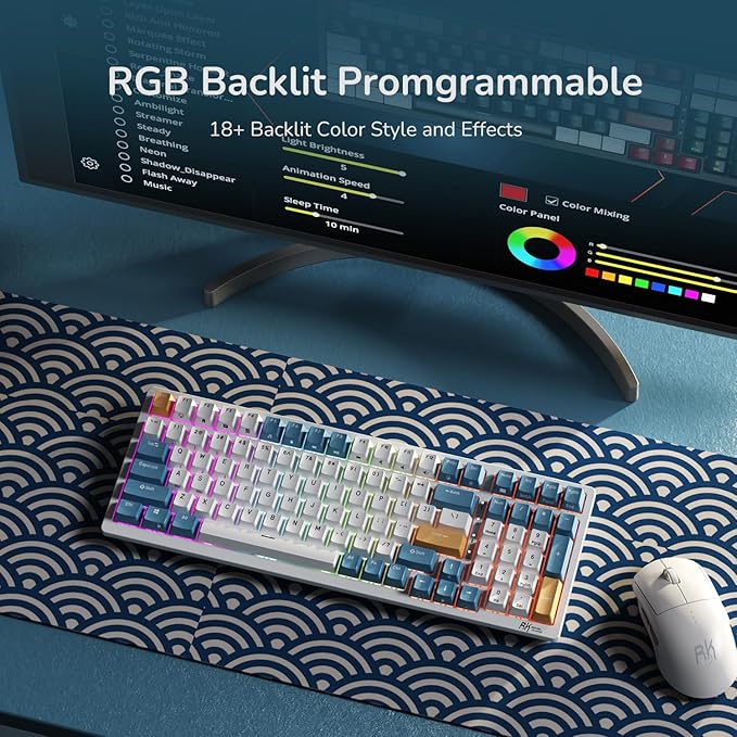 RK ROYAL KLUDGE RK98 Wireless Mechanical Keyboard, 100 Keys 98% Layout with Custom Switches Hot Swappable, Tri-Mode BT5.1/2.4G/USB-C Full Size Gaming Keyboard with Numpad RGB, Brown Switch