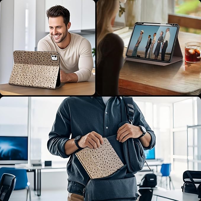 Gexmil Genuine Leather Case for iPad Pro 11 Inch 4/3/2/1st Gen 2022/2021/2020/2018,Smart Folio with Pencil Holder,Protective Shockproof Real Leather Cover,Auto Sleep/Wake,Khaki