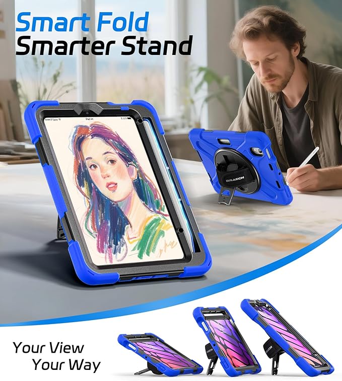 BRAECNstock Case for Apple iPad mini 7 (A17 Pro) 2024/ Mini 6 8.3" with Screen Protector, Pencil Holder, [360 Rotating Hand Strap] &Stand, Shockproof Protective iPad mini 7th/6th Gen Kids Case, Blue