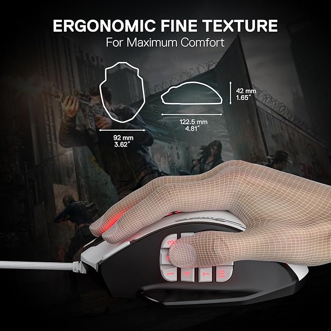 Redragon M908 Impact RGB MMO Gaming Mouse, Optical Wired Ergonomic Mouse with Max 24,000 DPI, High Precision, 18 Programmable Macro Shortcuts, Comfort Grip, Black & White