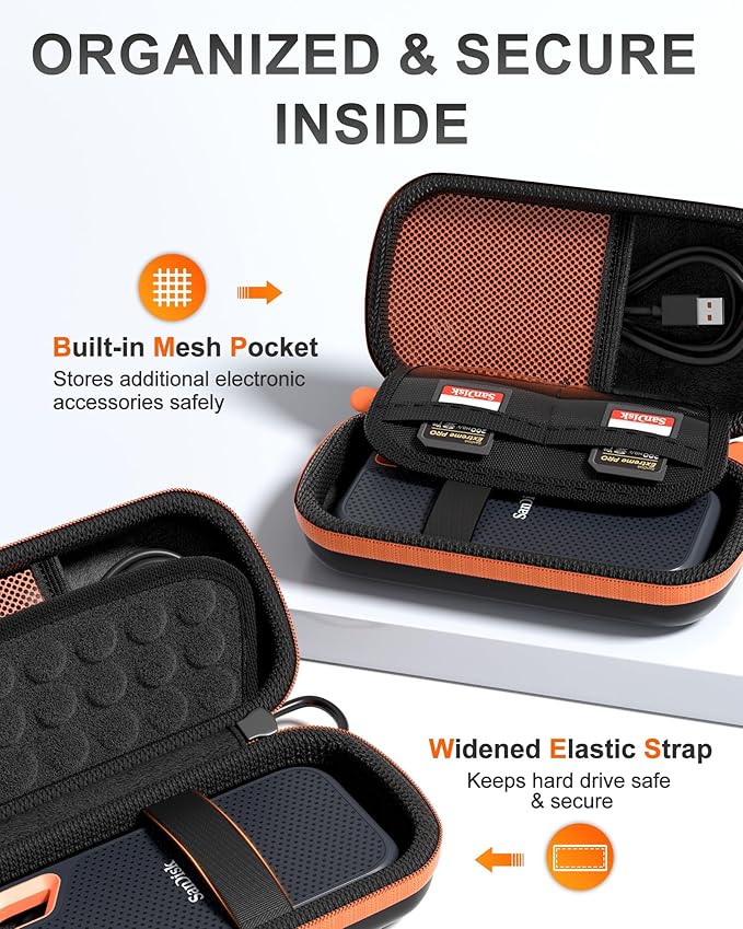 ProCase Hard Carrying Case for SanDisk Extreme/SanDisk Extreme Pro Portable External SSD, 500GB 1TB 2TB 4TB 8TB USB-C Solid State Drive, EVA Shockproof Travel Case with 2 SD Card Slots -OrangeBlack