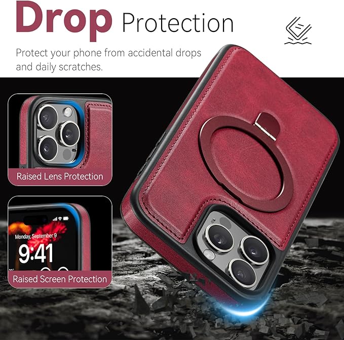 Compatible with iPhone 15 Pro Max Case with Stand, Compatible with MagSafe, Slim PU Leather & Durable TPU Protective Cover Drop-Proof with Tempered Glass Screen Protector 6.7", Red