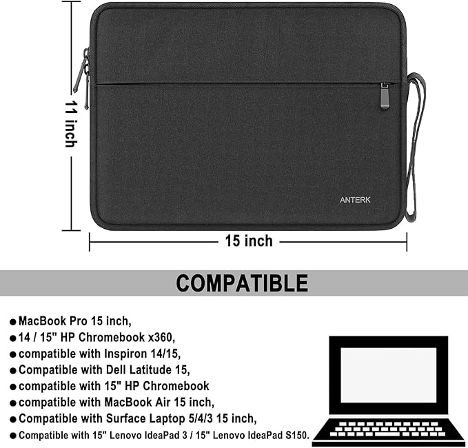 Laptop Sleeve Case 15.4 Inch, Water Resistant Shockproof Protective Computer Cover with Handle, Traveling Carrying Sleeve with Pocket Portable Laptop Bag Compatible for 15 in HP, Dell, Asus, Black