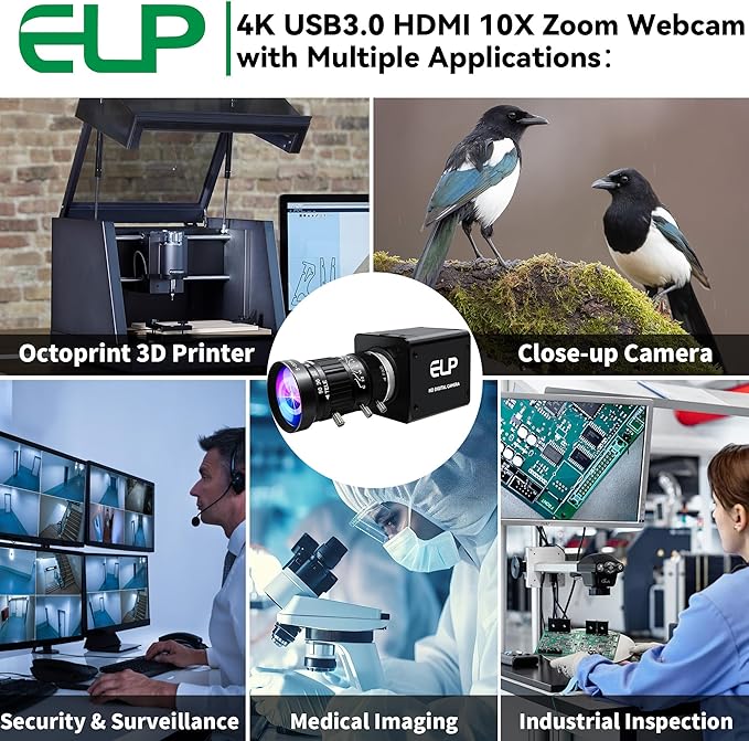 ELP 4K 60fps USB3.0 HDMI Camera Manual Zoom Webcam H.264 High Speed UVC Lightburn Cameras for Computer Low Illumination Simultaneous Output 10X Zoom Web_Camera for Windows Linux Mac TV Projector