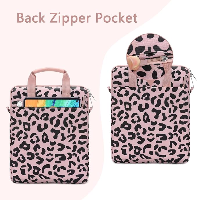 MOSISO 12.9 inch Tablet Sleeve Bag for iPad Pro 13 M4&iPad Air 13 M3 M2,iPad Pro 12.9 M2 M1 6/5th,Surface Laptop Go 12.4,Galaxy Tab S8+/S9+ 12.4, Leopard Grain Tablet Shoulder Bag with 3 Pockets, Pink