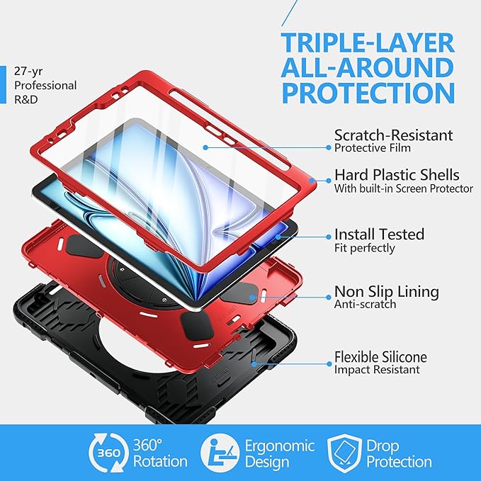Case for iPad Air 11 M4 2026/ M3 2025/ M2 2024: Silicone Cover for iPad Air 5th & 4th Generation 10.9 Inch (2020/2022) with Screen Protector- Stand- Handle- Shoulder Strap- Pencil Holder