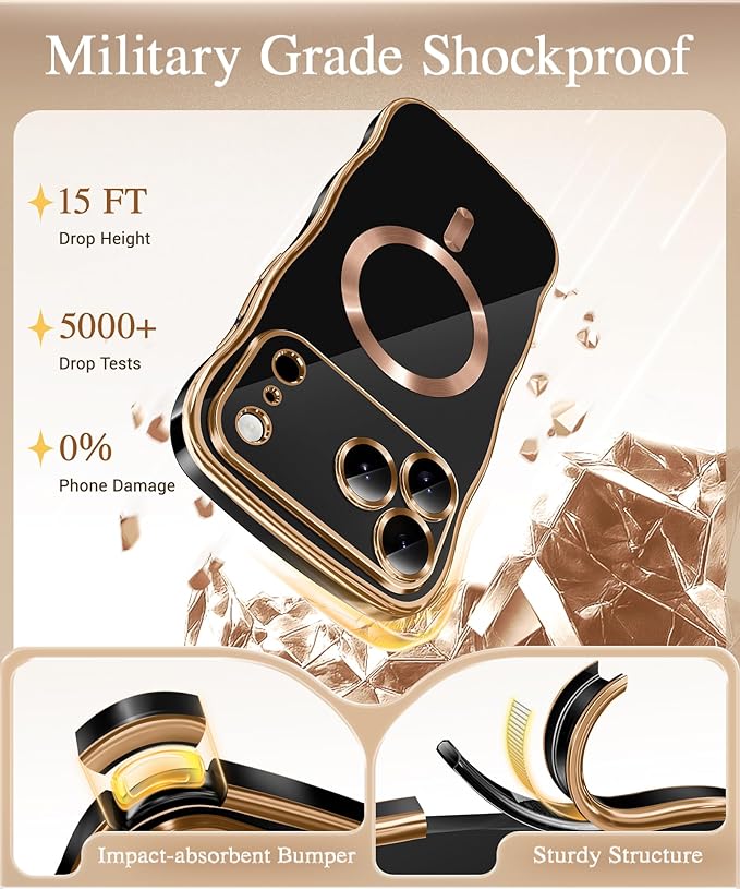 GVIEWIN for iPhone 17 Pro Case Compatible with MagSafe, Upgraded [Full Camera Protection][Cute Wave Frame][Military Grade Protection] Electroplated Hard Phone Cover for Women Girl, Black