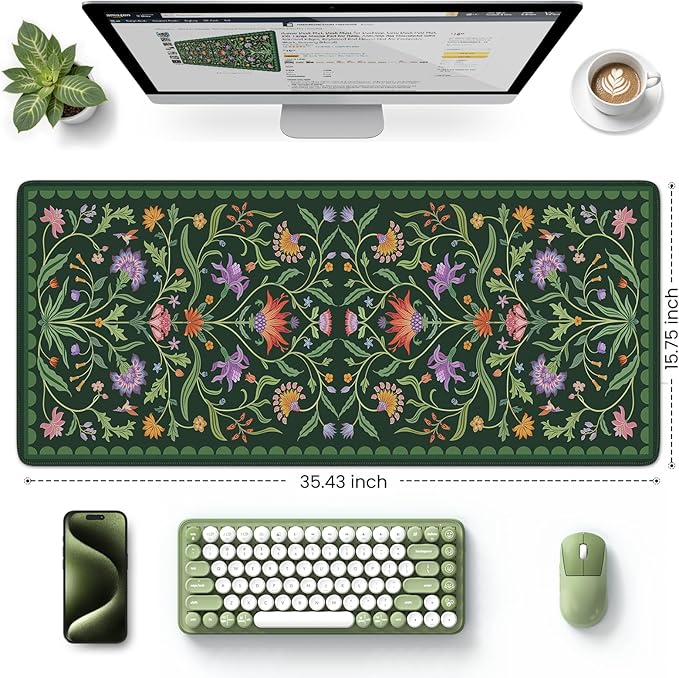 HAOCOO Moss Green Aesthetic Desk Matt for Desktop, Cute Mouse Pad, Non-Slip Vintage Keyboard Mat with Stitched Edge, Large Desk Docer Mat, Desk Cover for Home, Office
