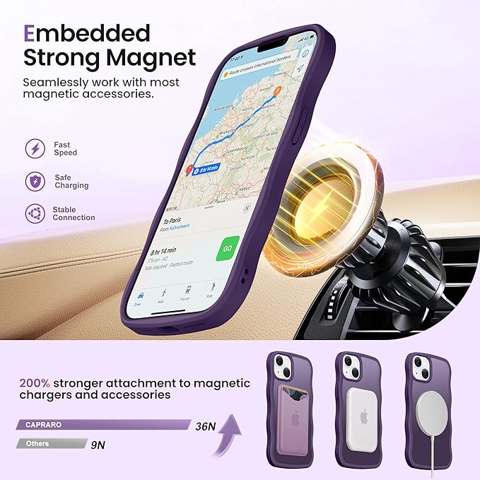 CAPRARO for iPhone 13 Case & iPhone 14 Case with 360° Spin Magnetic Stand for Women, [Compatible with MagSafe] [Camera Protection] Cute Wave Translucent Matte Case for iPhone 13/14, Deep Purple