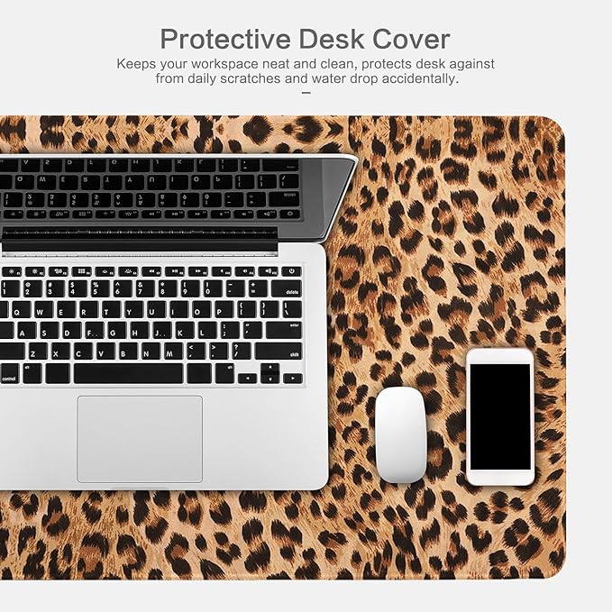 Lokigo Leopard Print Desk Pad, Brown Large Gaming Mouse Pad, Waterproof Rubber Base Mousepad for Desk with Stitched Edges DeskMatt for Laptop Gaming Office Work Study, 31.5"x15.7", Cheetah